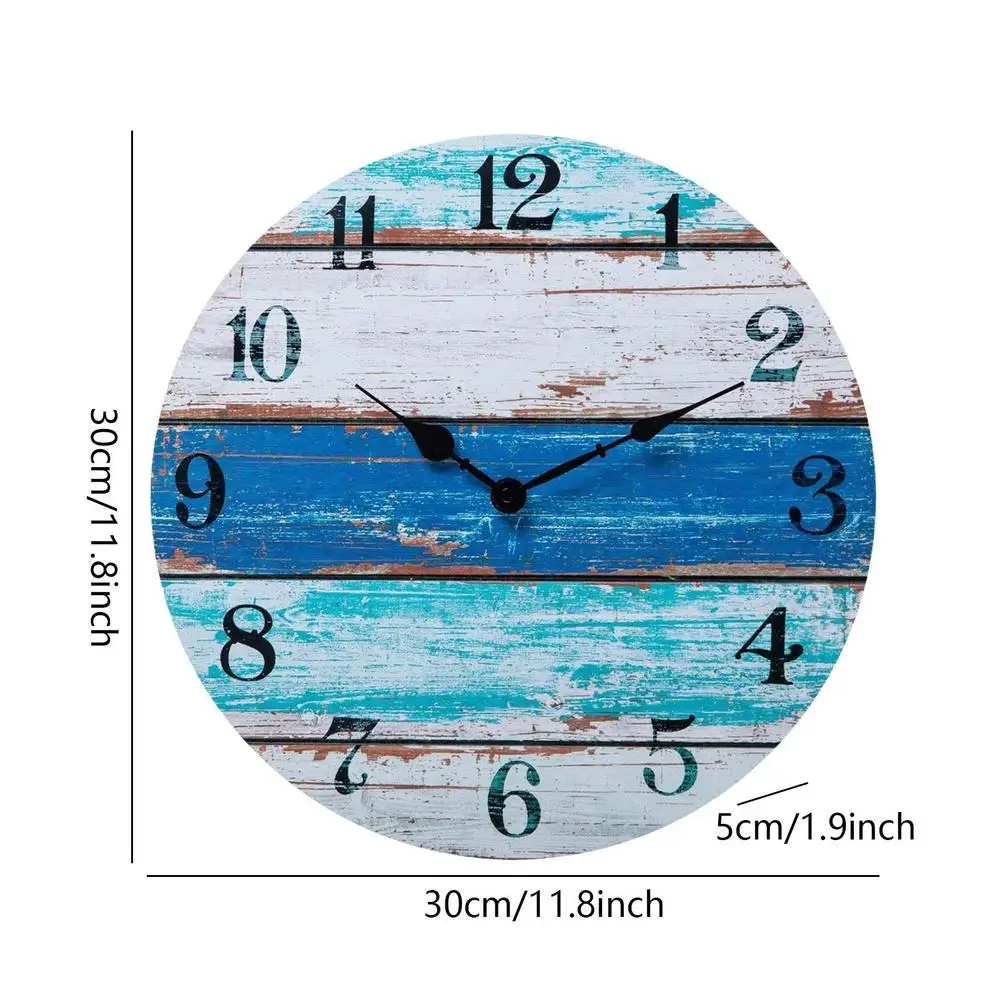 Mn-Horloge murale rustique vintage, horloge côtière bleue, facile à lire, sans tic-tac, thème plage, accessoire de décoration intérieure