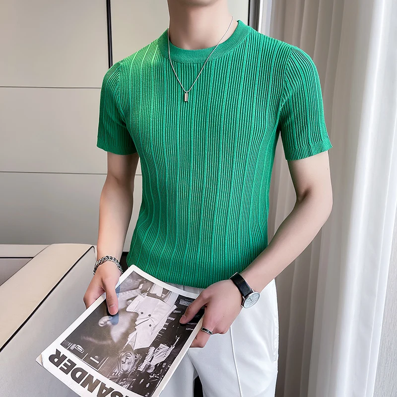 

Spring Autumn Slim Vertical Stripe Short Sleeve Knitted T-shirt Stretch Men's Crew Neck Solid Color Casual Pullover Sweater Tees