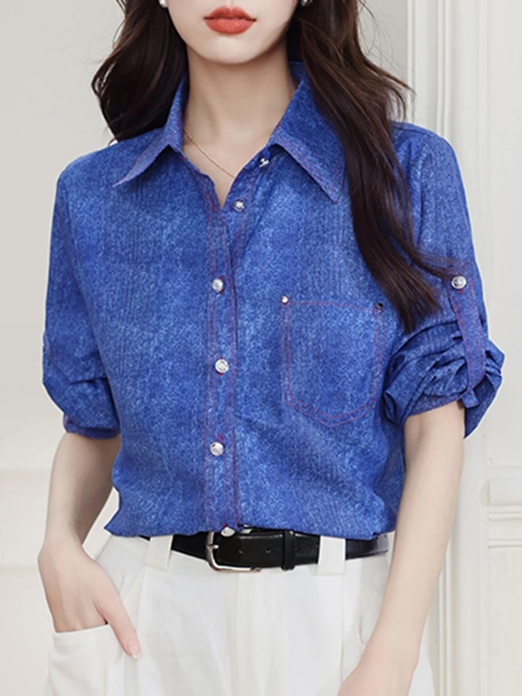 QOERLIN Women Long-Sleeve Woven Blouse Single-Breasted Rolled Sleeve Button Up Blue Shirt S-XL Elegant Office Ladies Pocket Wear