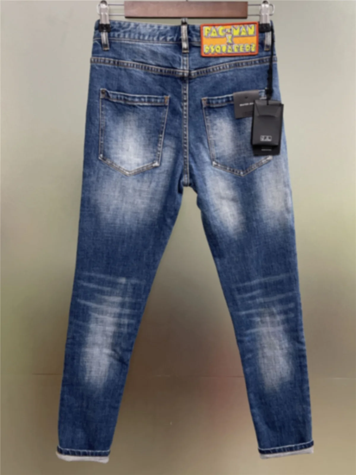 Spring/Summer 2024 New D2 Jeans Trendy Men Washing Print Roll Pant Feet Paint Slim Small Feet Dark Blue Jeans Men