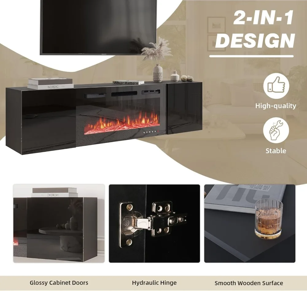 70'' Floating TV Stand with 36'' Electric Fireplace, 12 Flame Colors, Heater for TVs Up to 80'', Black Entertainment Center