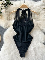 Magdalyn Women Sexy One Piece Mesh Rompers Tulle Skinny Fashion Streetwear INS Slim Catsuits Hollow Floral Combination Bodysuits - Image 2