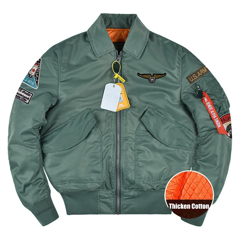 

Men's Cotton Flight Jacket Thicken Warm Military Bomber Coats Embroidery Label Baseball Outerwer for Men