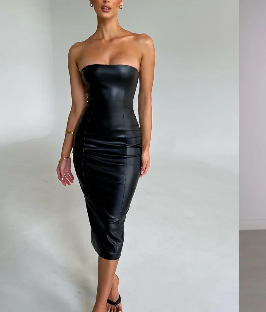 Autumn And Winter Fashion Solid Color PU Leather Sexy Strapless Waist Cinching Package Hip Dress For Women 3