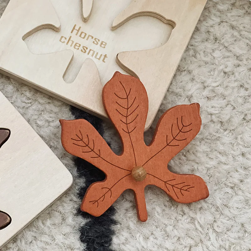Wooden Leaf Jigsaw Shape Fun Puzzles 4pcs with Holder Pack Montessori Educational Toys Learn Sorting & Stacking for Kids 2+ 3