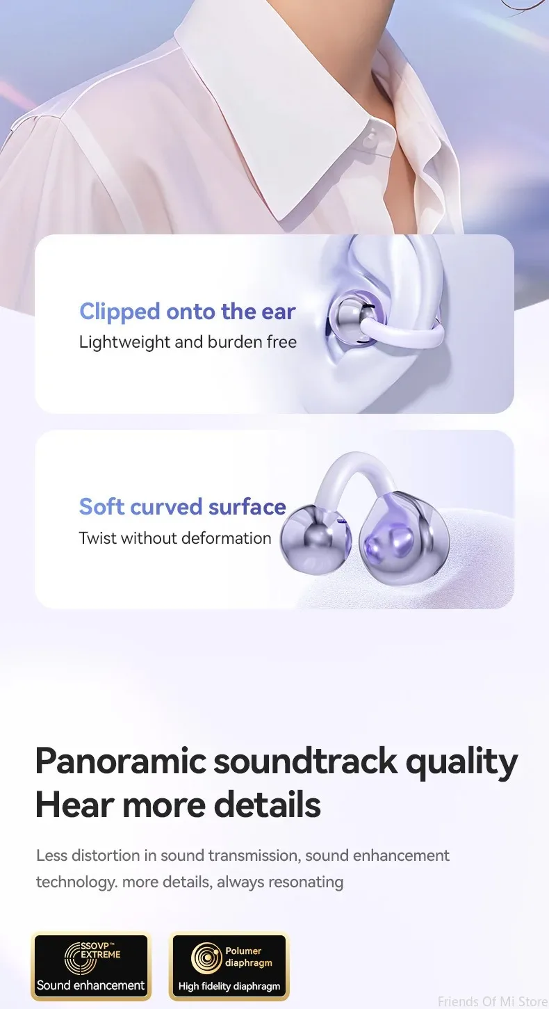 Xiaomi Bone Conduction Earphones Bluetooth 5.4 Earbuds Clip on Ear Comfortable Waterproof Sport Headsets With Digital Display
