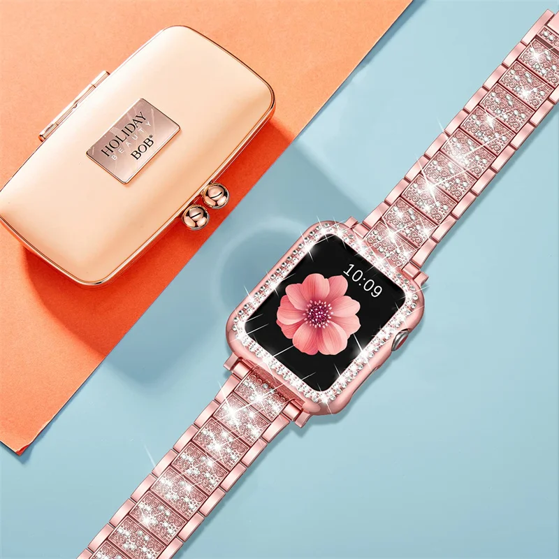Elegant Diamond-Encrusted Metal Bracelet with Case
