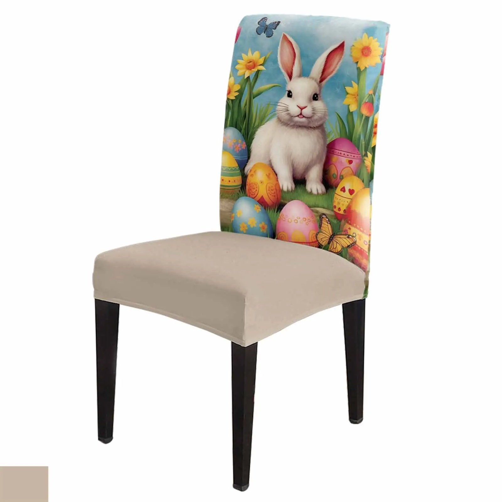 

Easter Eggs Bunny Watercolor Flowers Stretch Chair Cover for Dining Room Banquet Hotel Elastic Spandex Seat Chair Covers