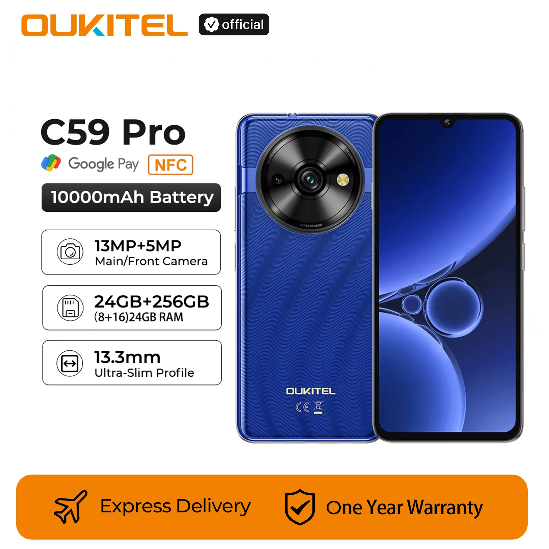 Oukitel C59 PRO smartphone 10000mAh Battery 24GB+256GB 6.88"HD 90Hz Android 15 13.3nm 36mm Powerful Speaker cell phone