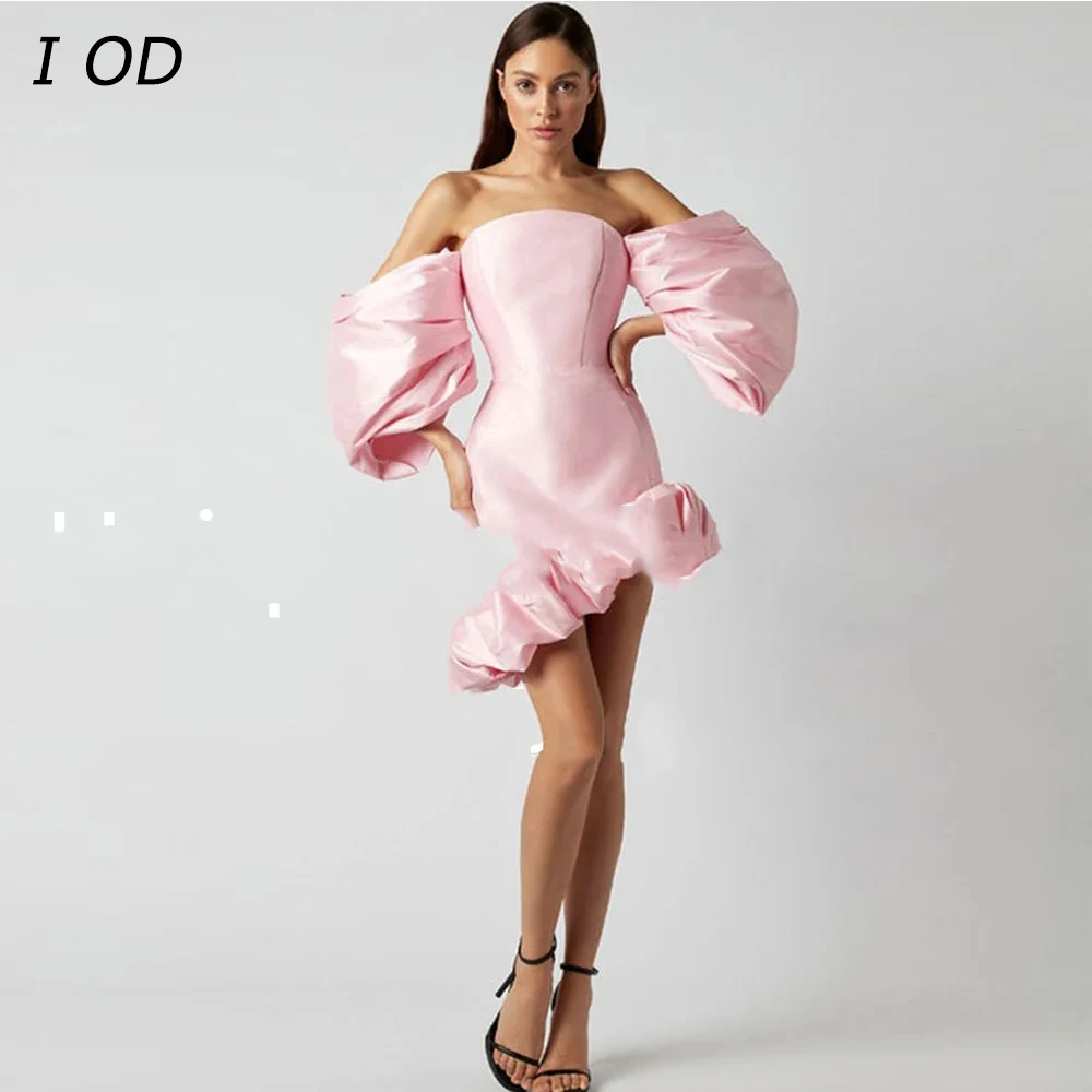 

I OD Sexy Bubble Sleeves Slim Fit Mini Dress Elegant Pink Off Shoulder Dress Asymmetric Ruffle Edge Mini Dress De Novia