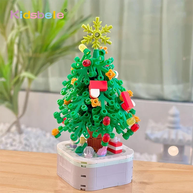 Educational Building Block Christmas Tree Potted Simulation Flower Pot Toy Christmas Tree Building Blocks Set for Kids Adults