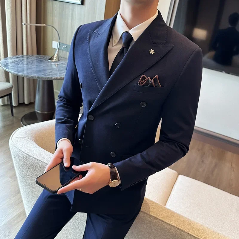 KUDORO Herenpakken 3 Stuk Slim Fit Pak Casual Zakelijk Formeel Diner Smoking Pak voor Heren Klassiek Blazer Vest Broek Set, marineblauw, S
