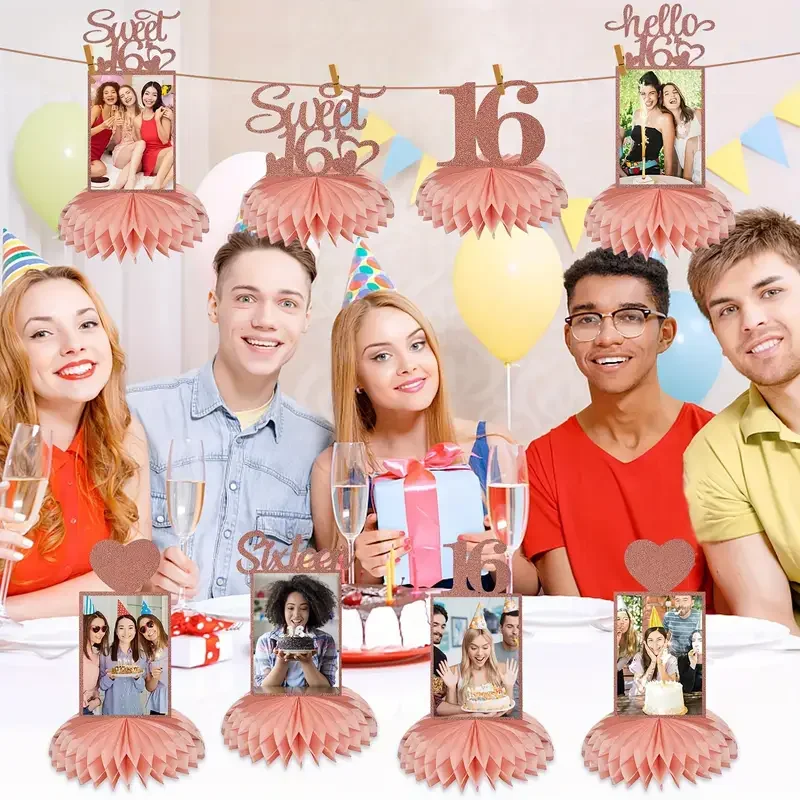 8Pcs Happy 16th Birthday Decorations Sweet 16th Birthday Photobooth Props Honeycomb Centerpiece Pink Rose Golden Party Supplies