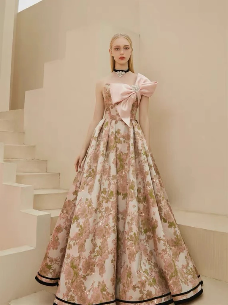 Gorgeous Strapless Evening Dresses Floral Print French Style With Bow Fairy Crystal A-line Prom Party Gowns Woman Vestido 2024