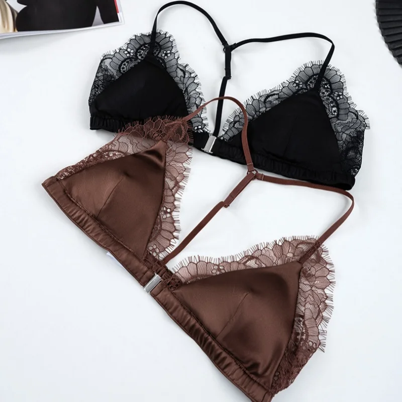 Birdtree 93% Silk 7% Spandex Women Lace Bra,Wireless Pitted Triangle Cup Front Closure Bralette,2026 New Underwear A61403JF