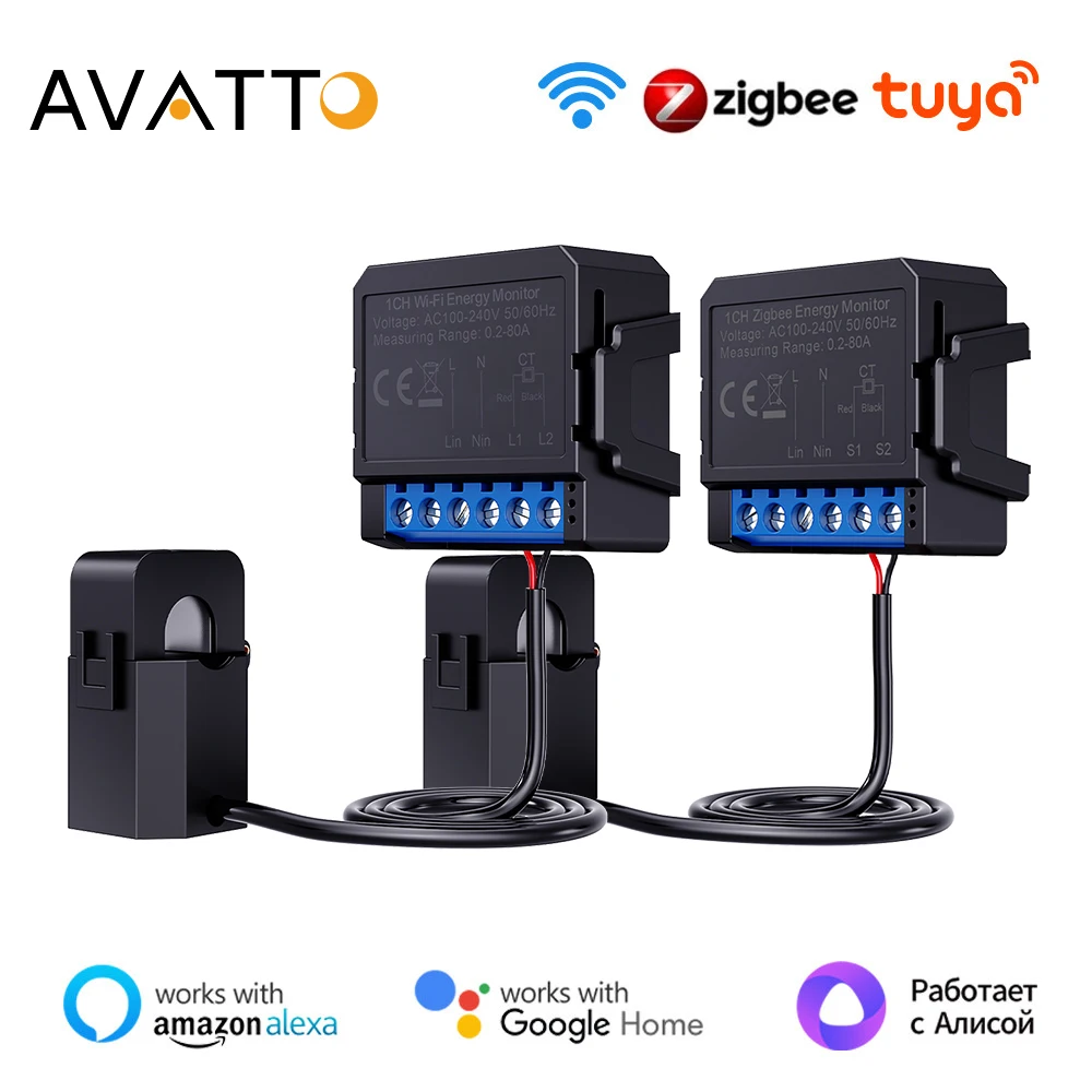 AVATTO Tuya WiFi/ZigBee Smart Energy Meter Clamp KWh Bidirectional Monitoring APP Control