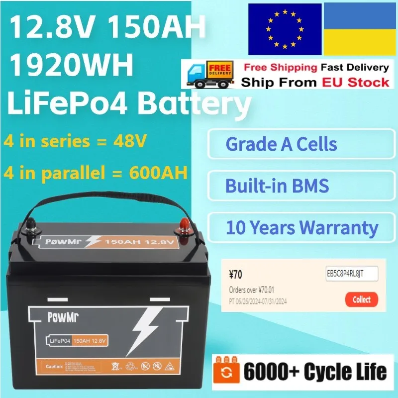Lithium Battery LiFePO4 12.8V 150AH Battery Pack Grade A 6000+ Cycles Built in BMS For Solar RV Boat off-grid