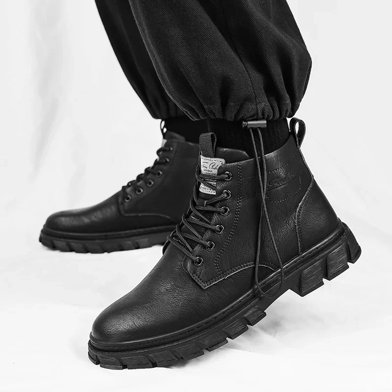 

Trendy Knight Motorcycle Boots Handsome Thick Sole Men's High Top Shoes Leather Short Boots Men's Ankle Boots Versatile