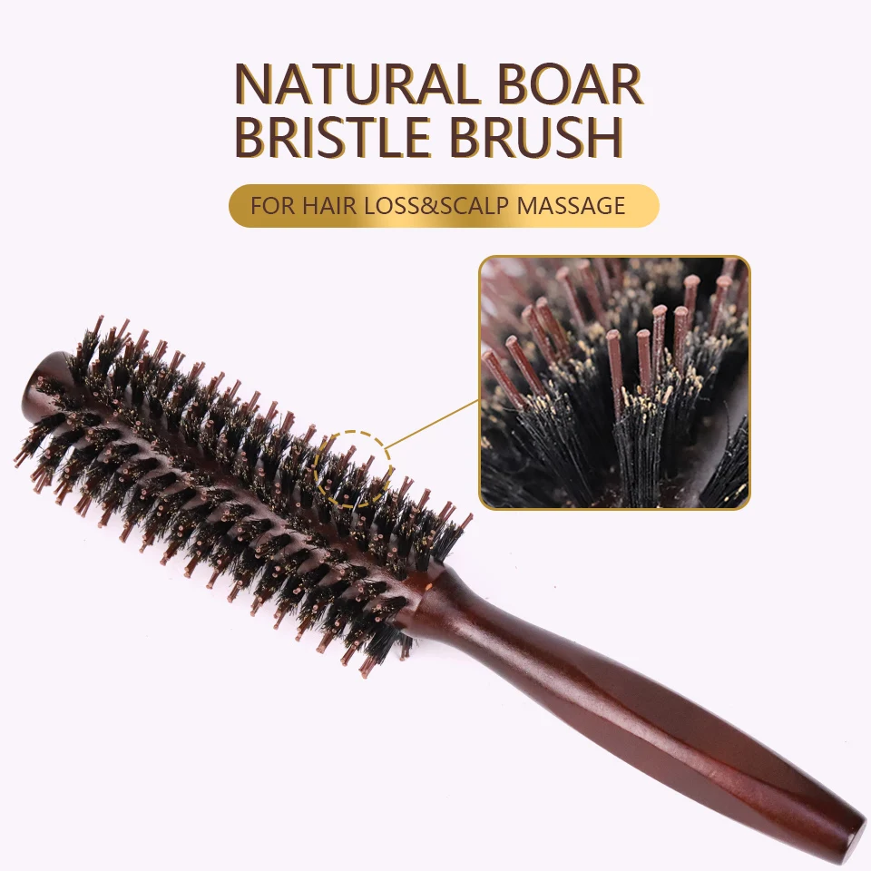 Wood Handle Round Rolling Brush Straight Twill Hair Comb Boar Bristle Round Barrel Hair Curling Brush Hairdressing Beauty Tools 4
