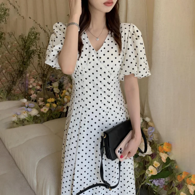 

Vinatge Elegant V Neck Dresses Women Feminino Dot Printed Robe Femme Puff Short Sleeve Dress 2024 Summer New Vestidos Slim Waist