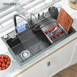 Large 304 Stainless Steel Kitchen Waterfall Sink Digital Display Single Sink Dish Basin Sink With Multifunction Touch Waterfall
