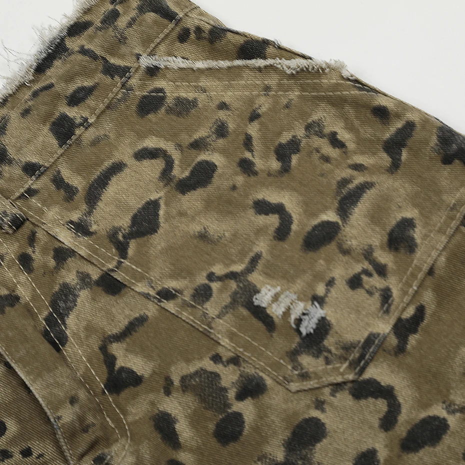 Vintage Leopard Denim Shorts Ripped Cargo Jeans Shorts Summer Loose Casual Streetwear Harajuku Hip Hop