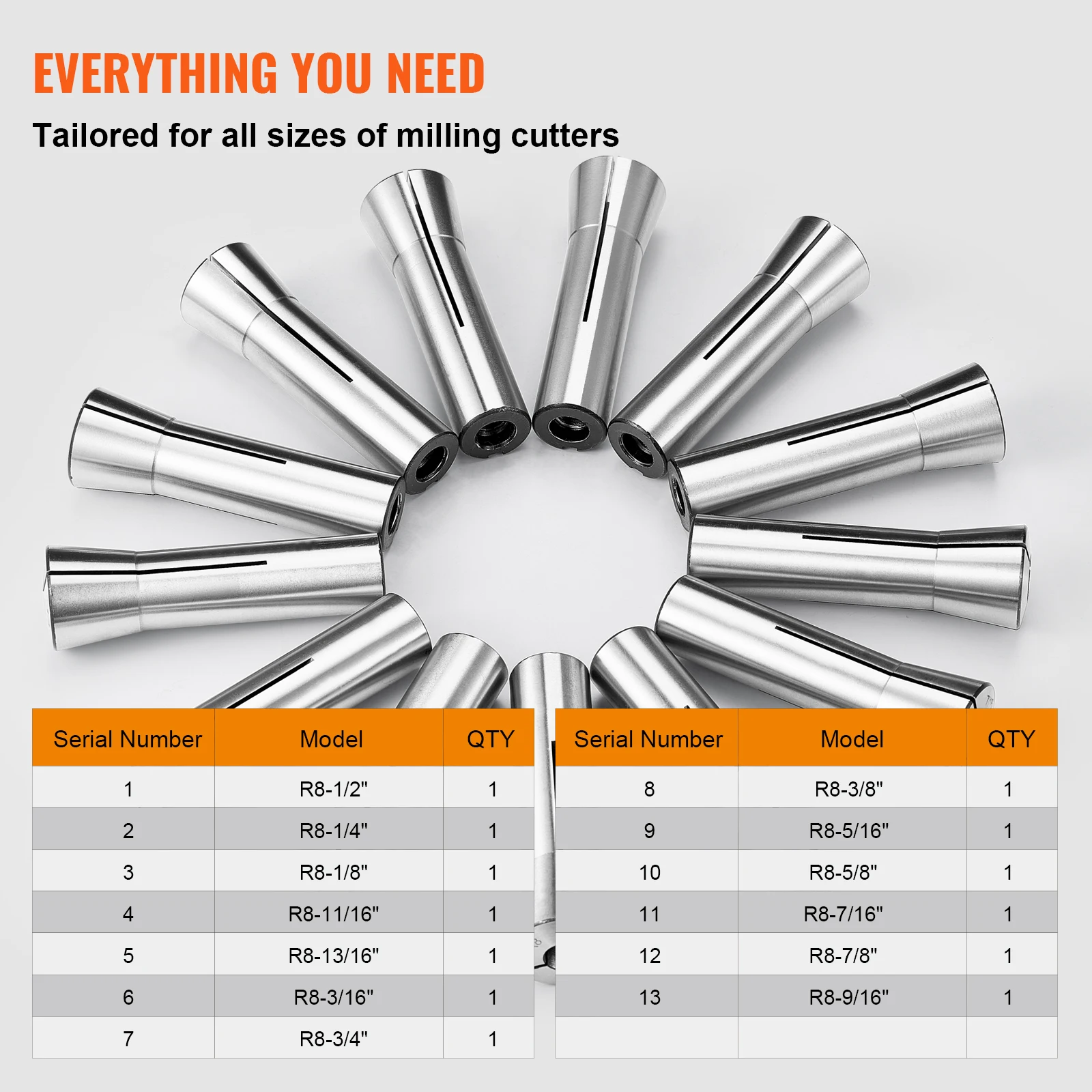 VEVOR 13 pcs Precision R8 Collet Set 1/8'' - 7/8'' 45# Mill Collet Chuck 0.0012