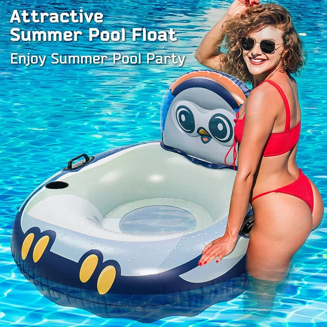 Inflatable Pool Float Lounger with Backrest Penguin Owl Swimming Ring River Run Pool Tube with Mesh Bottom Handles Drink Holder 2