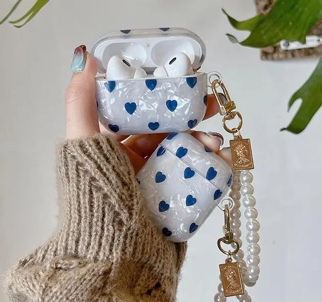 Custodia Protettiva Blue Love Heart Per Airpods Pro 2 2023 Per Apple Airpods Pro 3 2 1 2A Generazione Con Portachiavi Perla