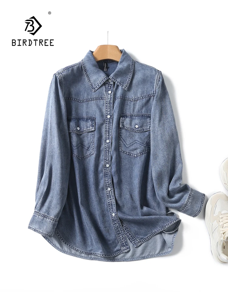 

Новинка, Весенняя хлопковая джинсовая рубашка, женские универсальные топы с отложным воротником и длинным рукавом, Повседневная винтажная Деловая блузка для девушек, осень 2024, T43088QC