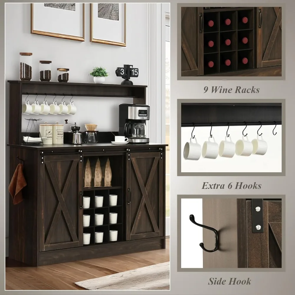 Farmhouse Coffee Bar Cabinet with 6 Hooks, 47&rdquo; Liquor Wine Bar Cabinet with 9 Wine Racks, Kitchen Buffet Storage