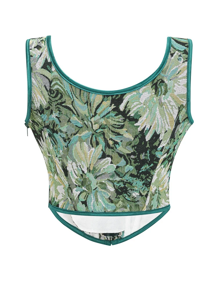 프렌치 자카드 프론트 스트랩 피쉬본 코르셋, 섹시한 스트랩 조끼, 벨트 코르셋 탑 클럽 DJ 의상 