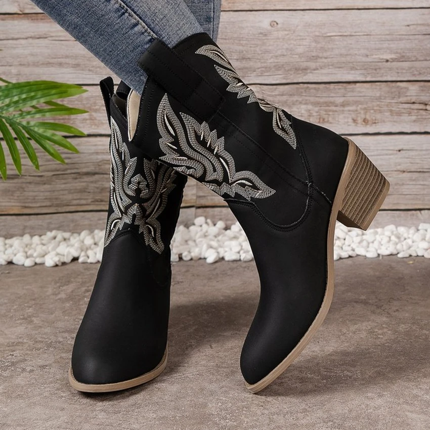 Spring Fall Western Cowboy Boots Fashion Women's Boots 2024 Women's Mid Calf Low Heel Vintage Women's Boots English Style Casual