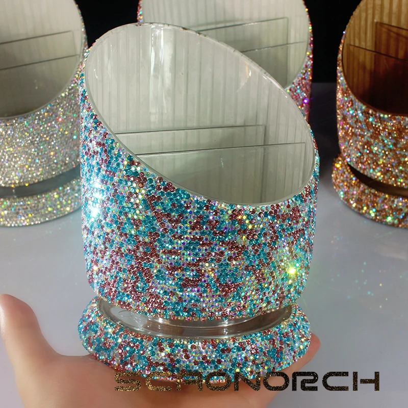 Luxury Rotary Rhinestone Makeup Organizers Sparkling Pencil Pen Holder Cosmetic Storage Tool Cosmetic Brush Storage Box 3 Slots 6