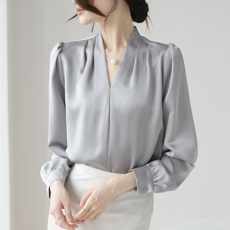 Fashion V-neck Women Blouses 2023 Autumn Satin Solid Color Casual Tops Elegant Office Lady Long Sleeve Oversize Pullover Blouses