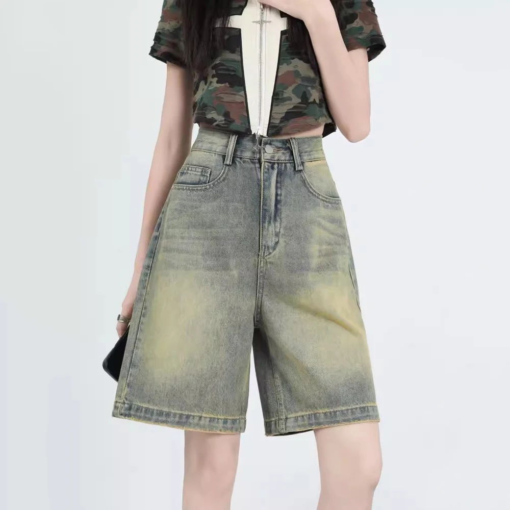 

New Women Summer Distress Retro Denim Shorts Fashion High Waist A-Line Loose Jeans Shorts Vintage Casual Shorts Above the Knee