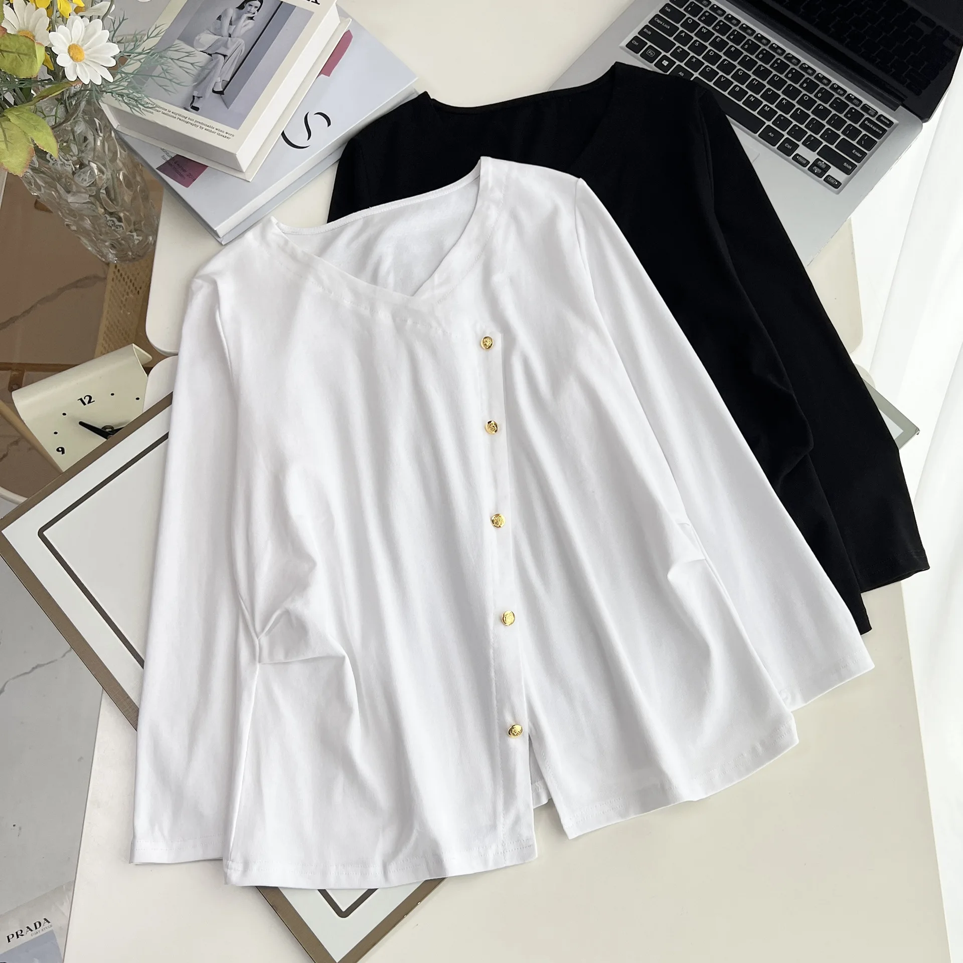 XXXXL Fashion Plus Size Women's T-Shirt New Autumn Elegant Slanted Button Long Sleeved Top 2062