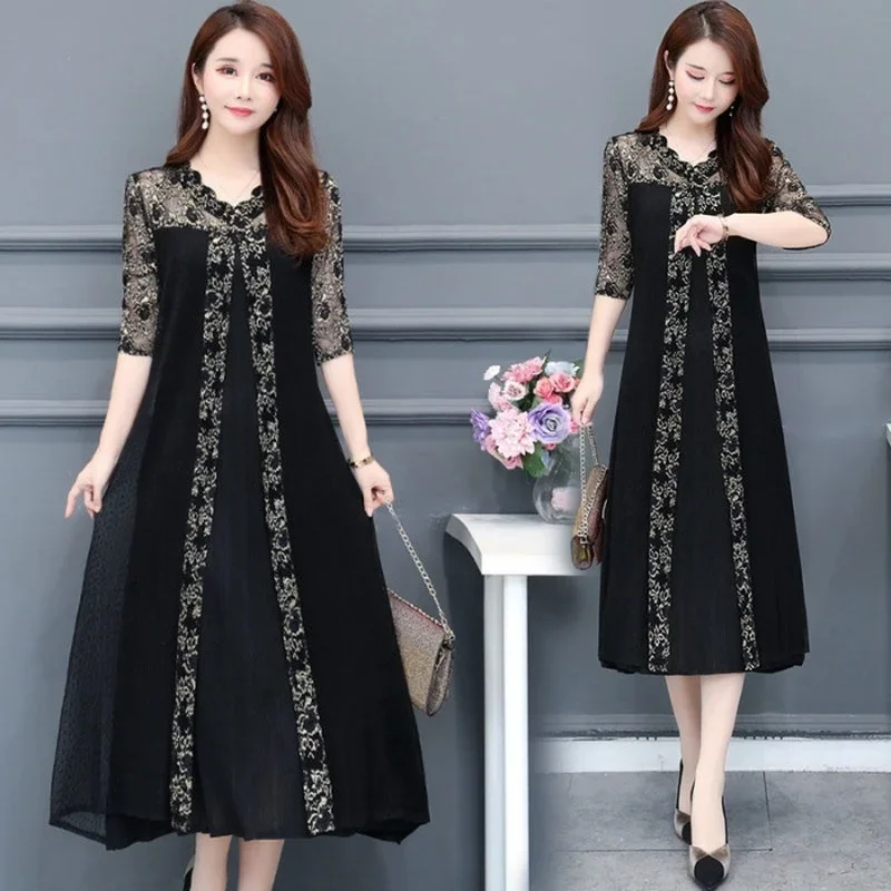 

Women's Long Dress Women Summer Temperament Loose Five-point Sleeves Lace Print V-neck Large Size Black Party Dress