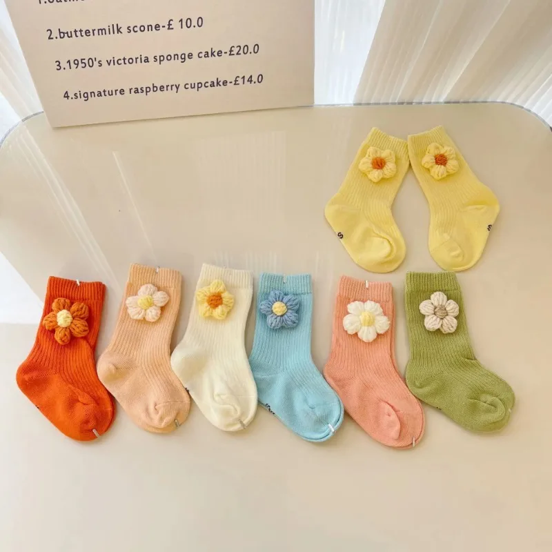 Cute Baby Handmade Knit Floral Socks Solid Color Middle Tube Kids Cotton Socks Newborn Infant Toddler Sockings 0-6years Old