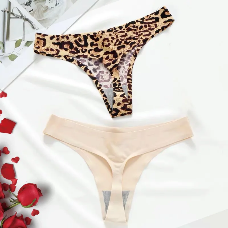 

Leopard print thong for women's sexy ice silk seamless low waisted large size Female underwear