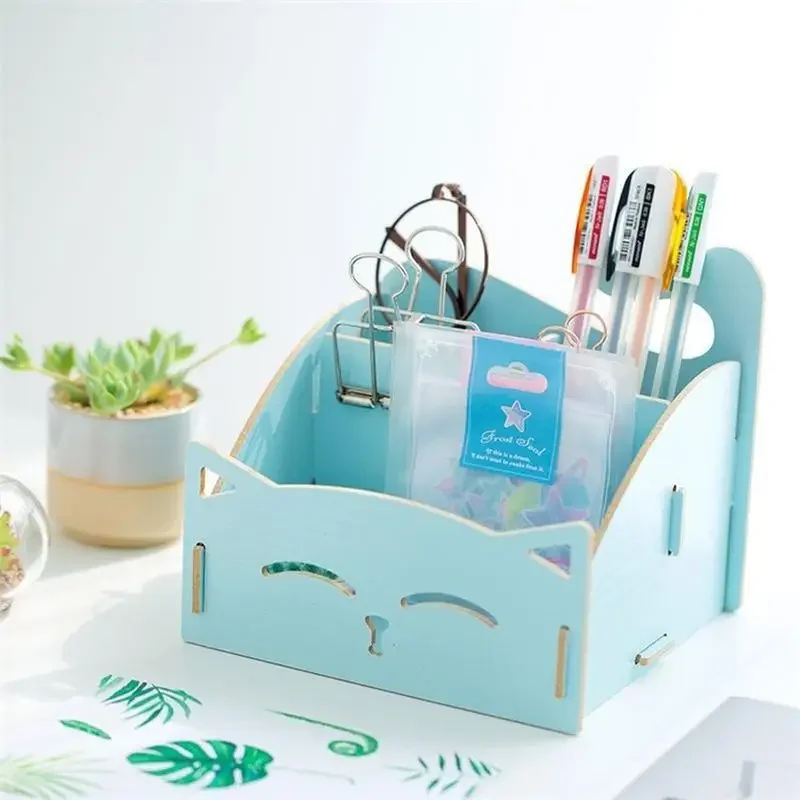 DIY Wooden Assemble Cute Cat Pen Pencil Holder Cosmetic Desk Organizer for Home Office pen holder,stationery organizer