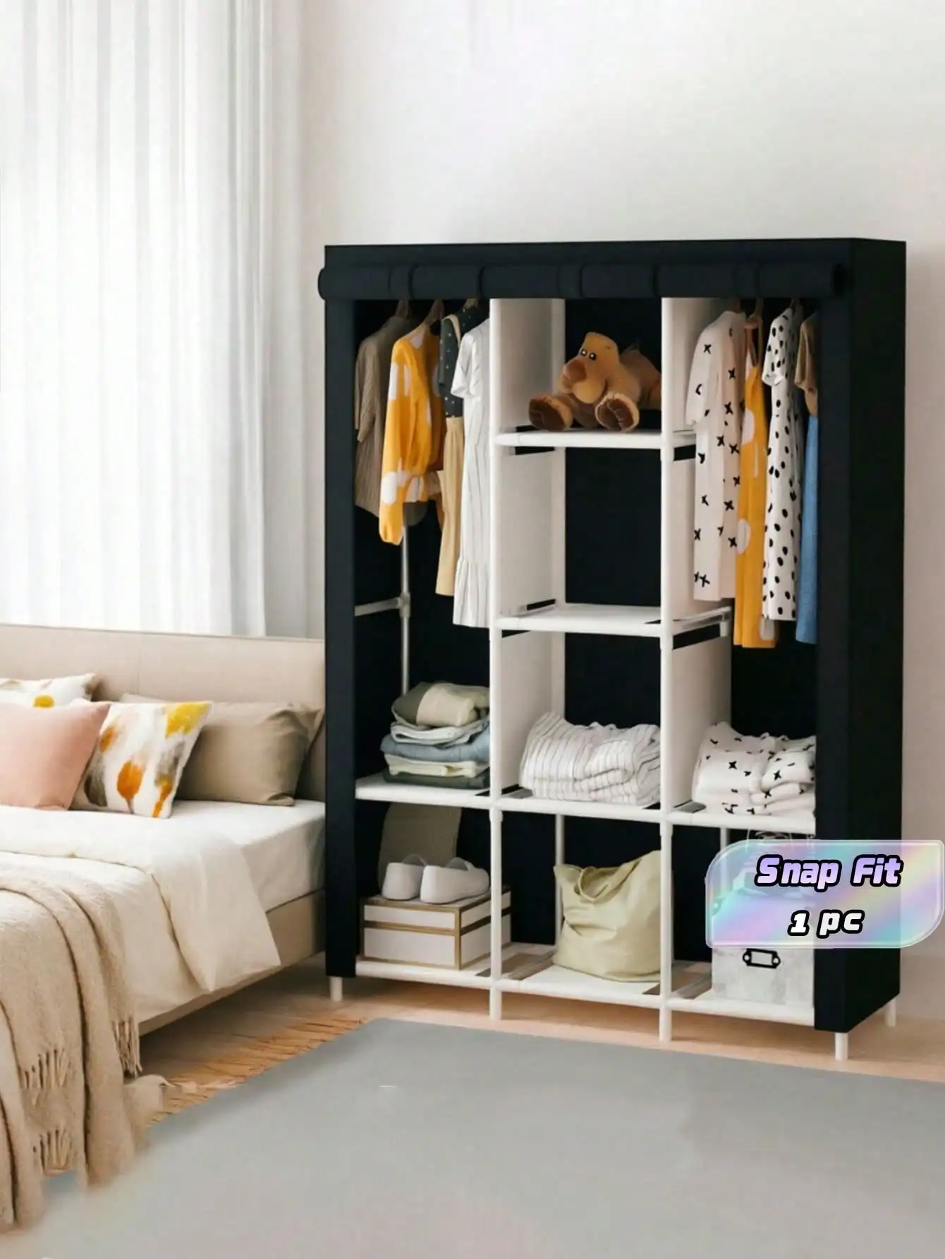 Spacious And Elegant Multi-Layer Multi Grid Wardrobe, Large Capacity And Portable, Easy To Assemble, Equipped With Suspension Ro