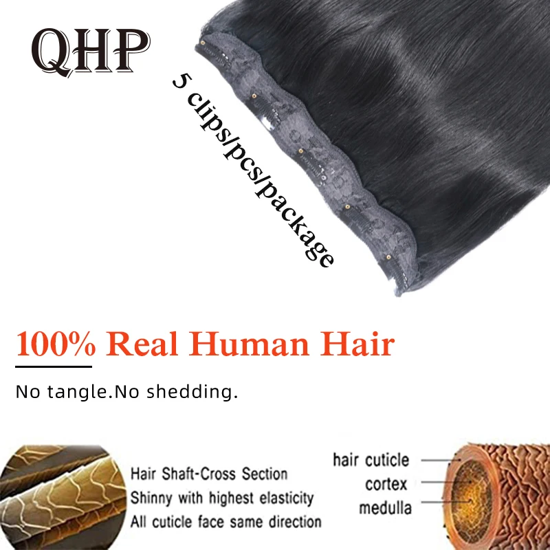 Clip In Human Hair Extensions 100% Human Remy Fusion Hair Clip In One Piece 10Inches With 5 Clips 70G Straight Natural Color #1B