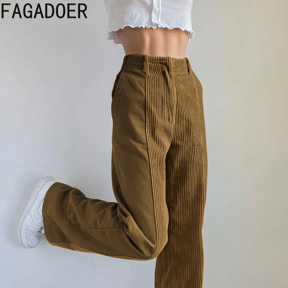 FAGADOER Autumn Casual Corduroy Splicing Straight Pants Women Elastic High Waisted Loose Trousers Fashion Female Solid Bottoms