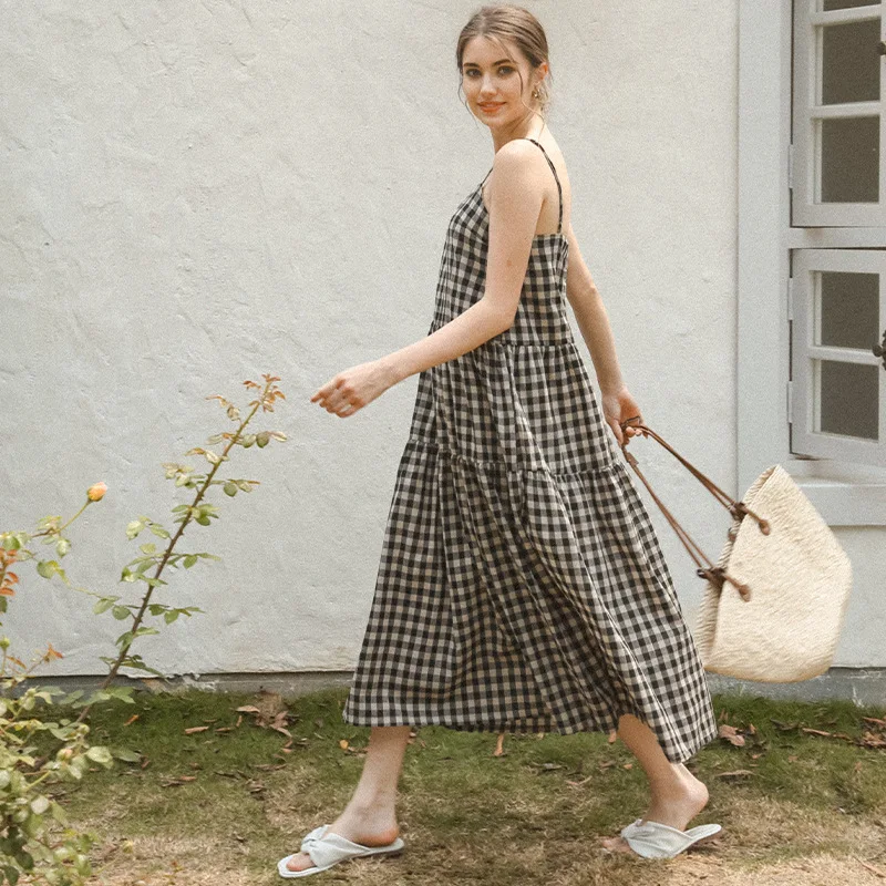 

Vintage Plaid Cotton Linen Summer Dresses For Women 2024 Sleeveless Backless Long Black Dress Holiday Beach Boho Sundress