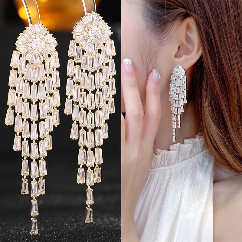 

Luxury long tassels, exquisite sparkling zircon women's earrings, fashionable wedding parties, elegant jewelry gifts