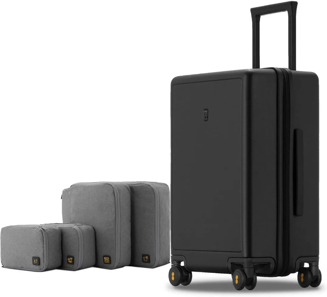 

LEVEL8 Elegance Checked Luggage, 24 Inch Hardside Suitcase, Lightweight PC Matte Hardshell with TSA Lock, Spinner Wheels - Black