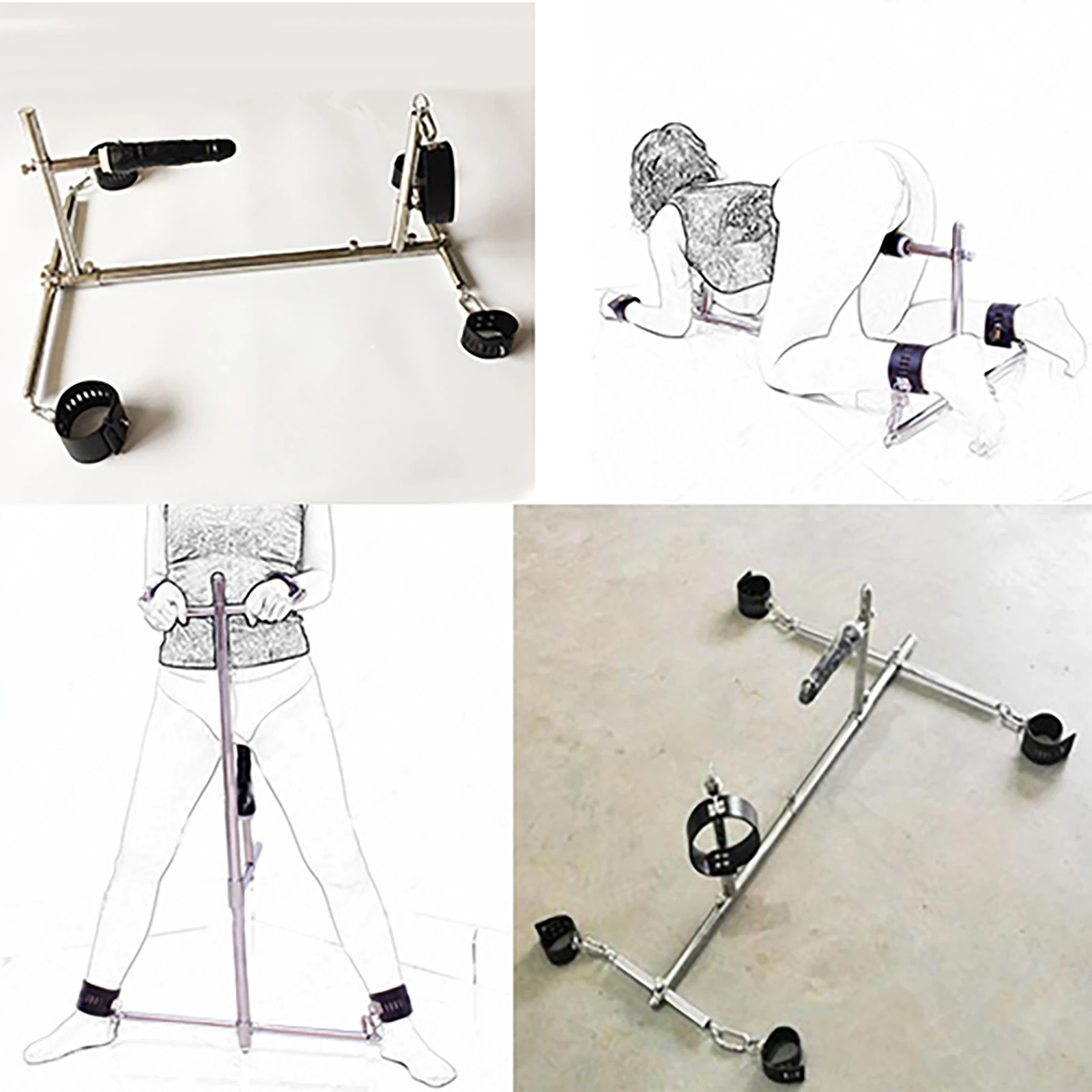 Stainless Steel Frame Spreader Bar with Anal Plug Bondage Leather Handcuffs Wrist Cuffs Anklet Collar Dildo Dog Slave SM Devices