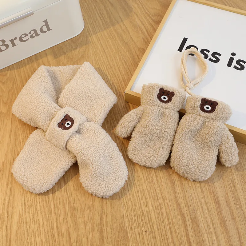 Bear Winter Baby Scarf Gloves Set Faux Lamb Wool Korean Warm Kids Neck Warmer Mittens Children Boys Girls Accessories 2-6Y