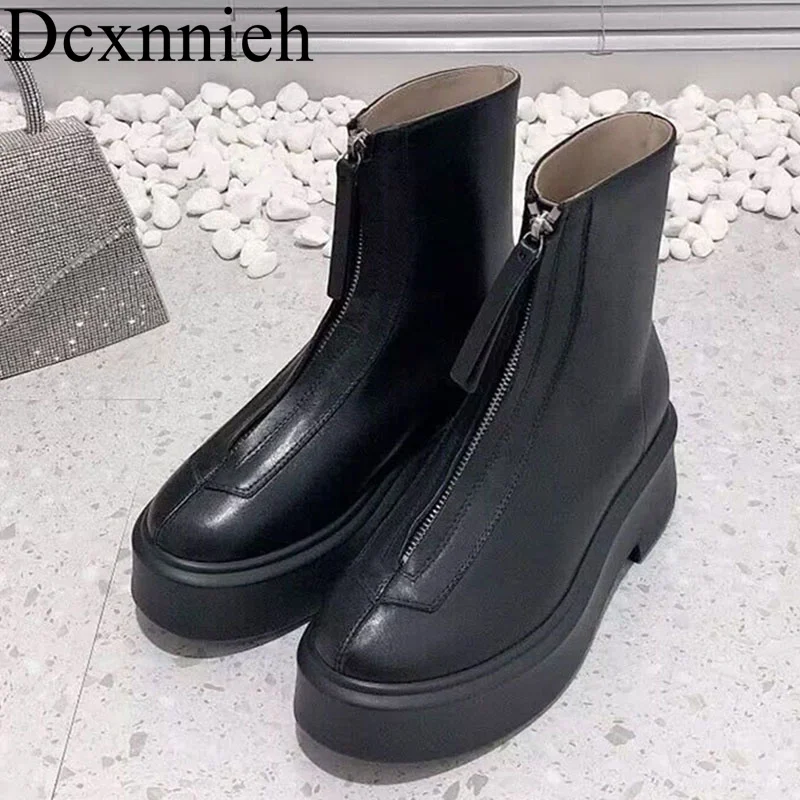 

Women Front Zipper Real Leather Ankle Boots Autumn Winter Thick Sole Knight Boots High Quality Motorcycle Boots Female Botas